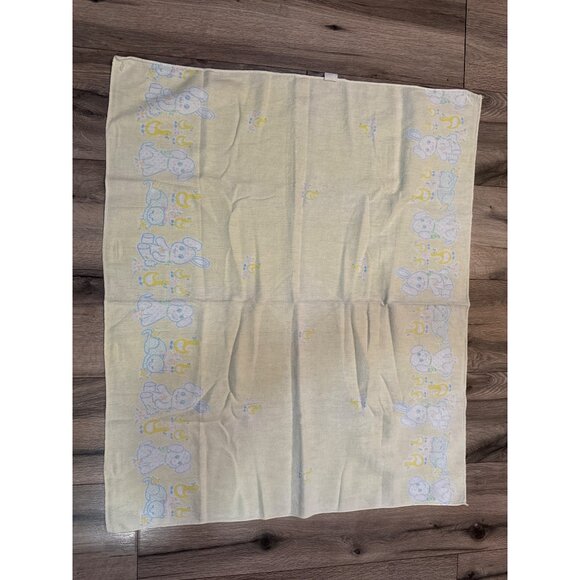 Vintage Baby Yellow Receiving Blanket With Adorable Bunny Duck Dog and Kittens P - Picture 2 of 5
